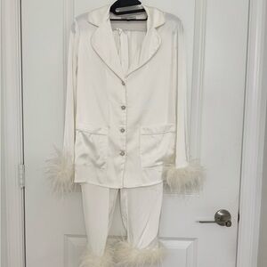 NADINE MERABI White Satin Pajama Set with Feather Details